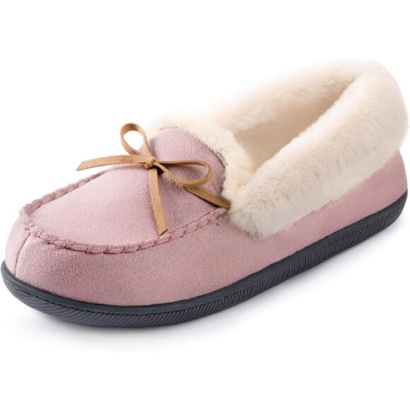 Women's Glittered Moccasin Faux Fur Lining Wrap Rubber Sole Pink Slipper Bootie - Picture 1 of 6